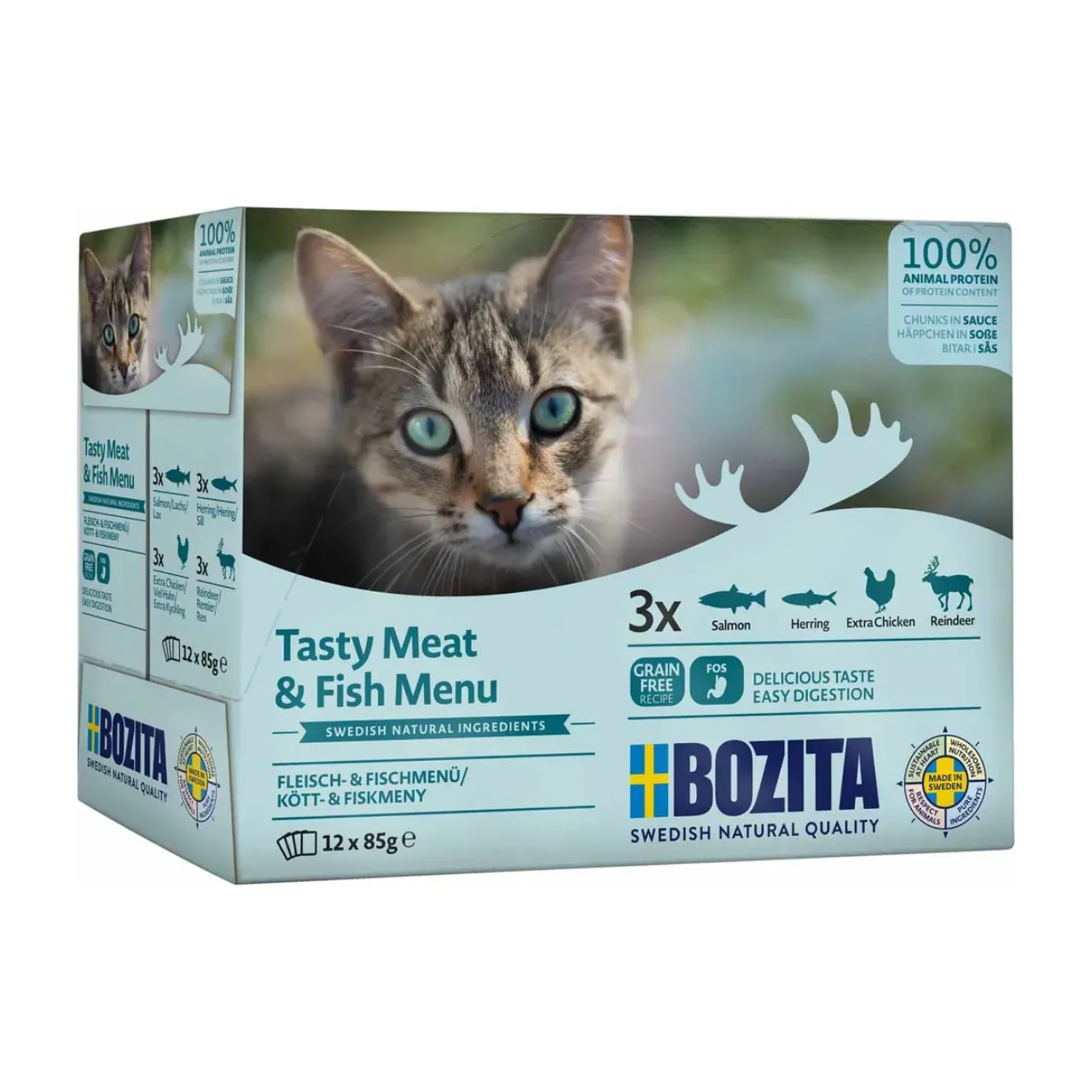 Bozita Kød & Fisk i sovs 12 x 85 g - laks, sild, kylling og rensdyr